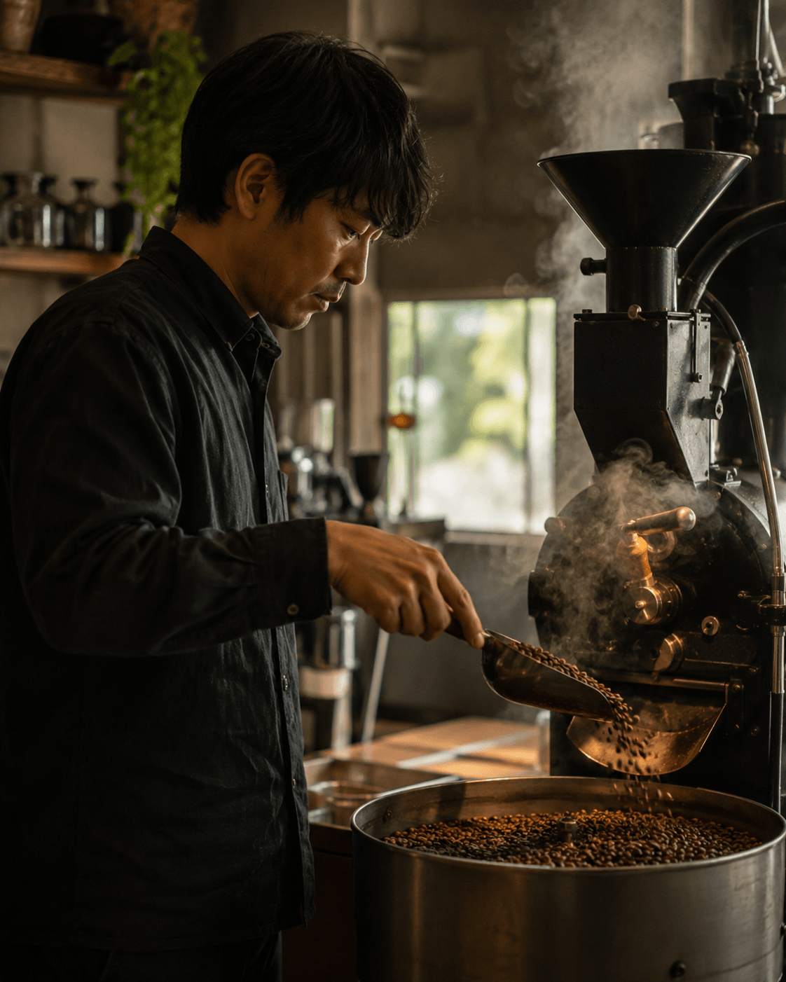 焙煎機で豆を焙煎する店主