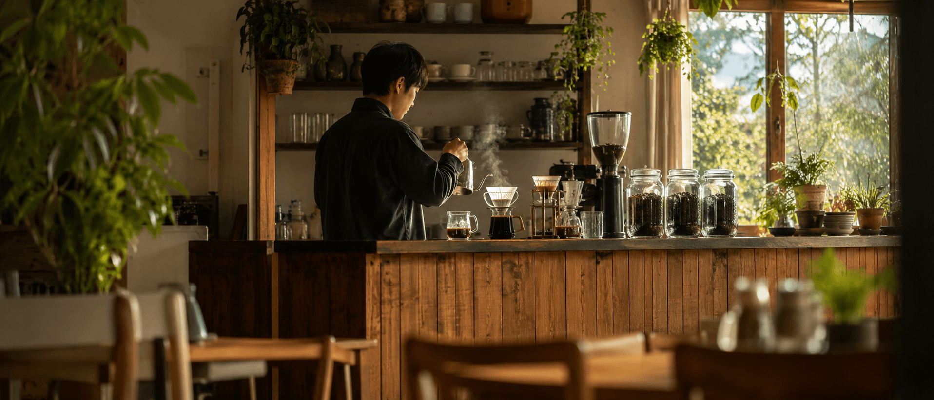 カウンターでハンドドリップする店主