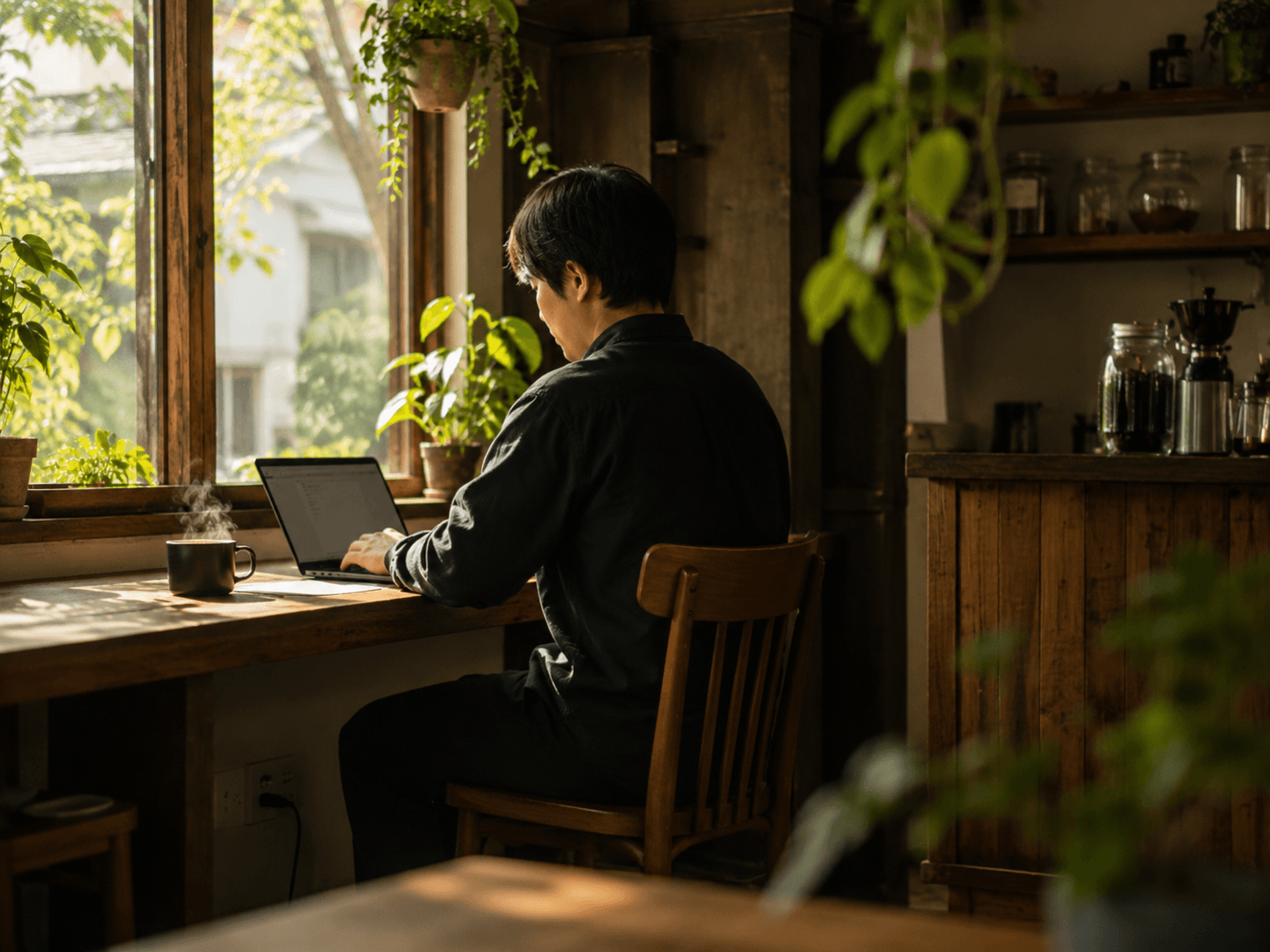 窓際でPC作業をする人