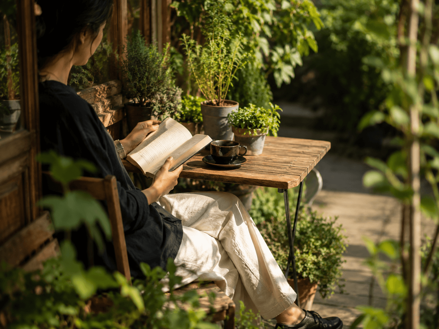 テラス席で読書とコーヒー