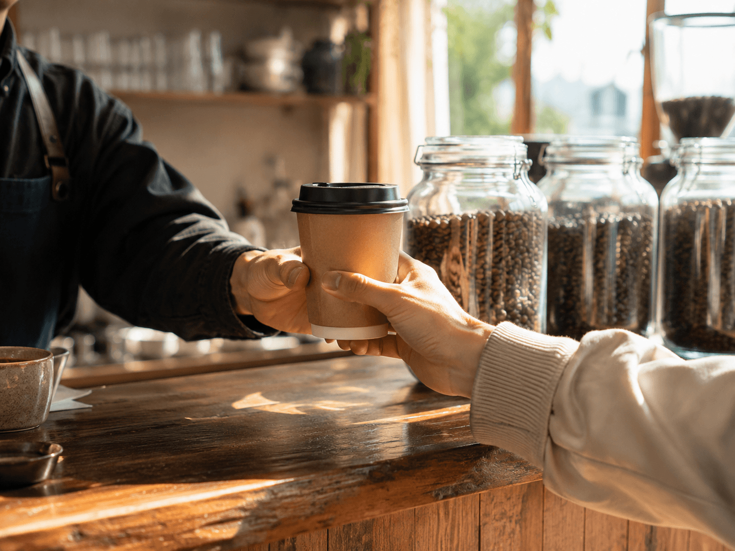 テイクアウトのコーヒーを受け取る様子
