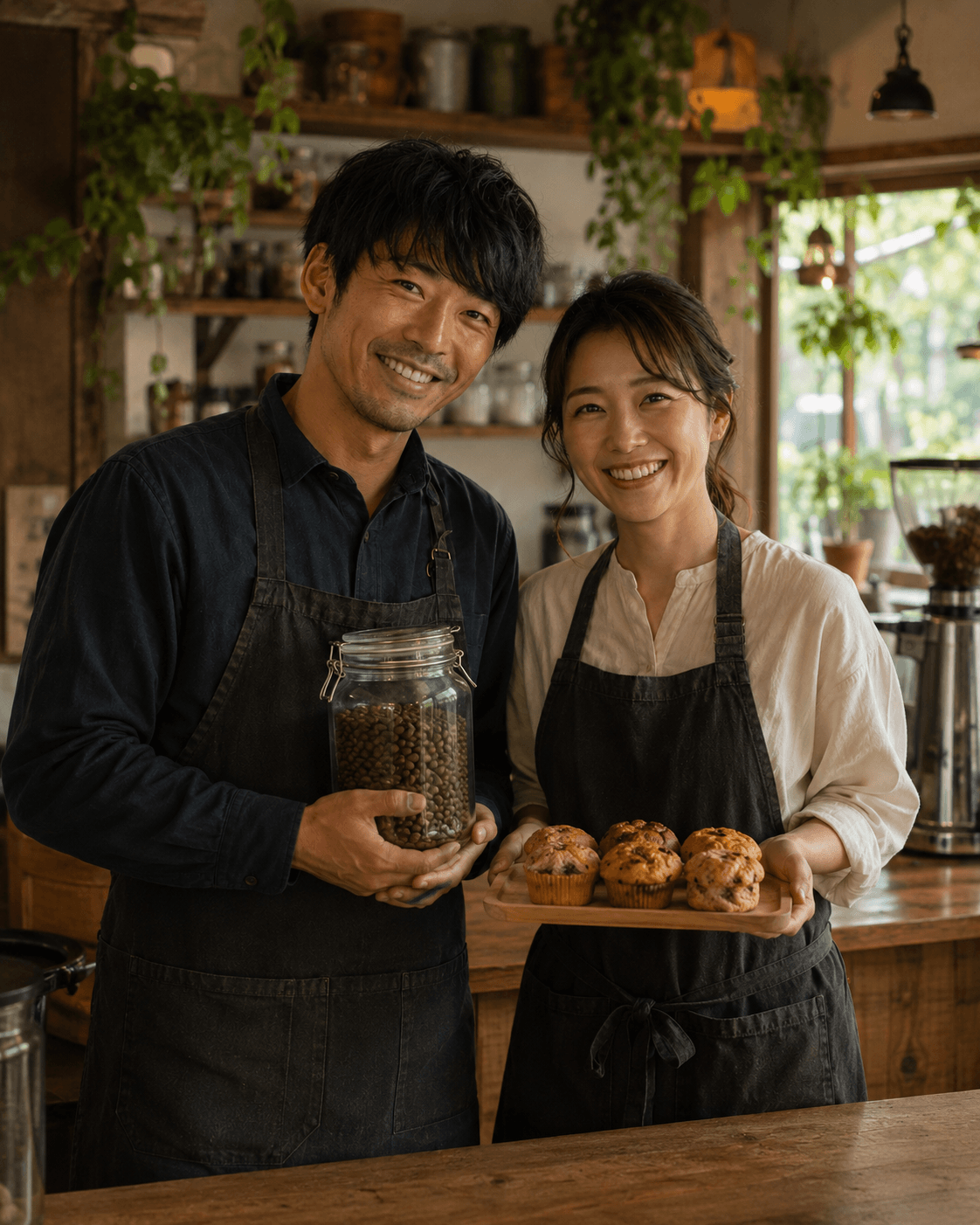 店主夫婦とコーヒー豆